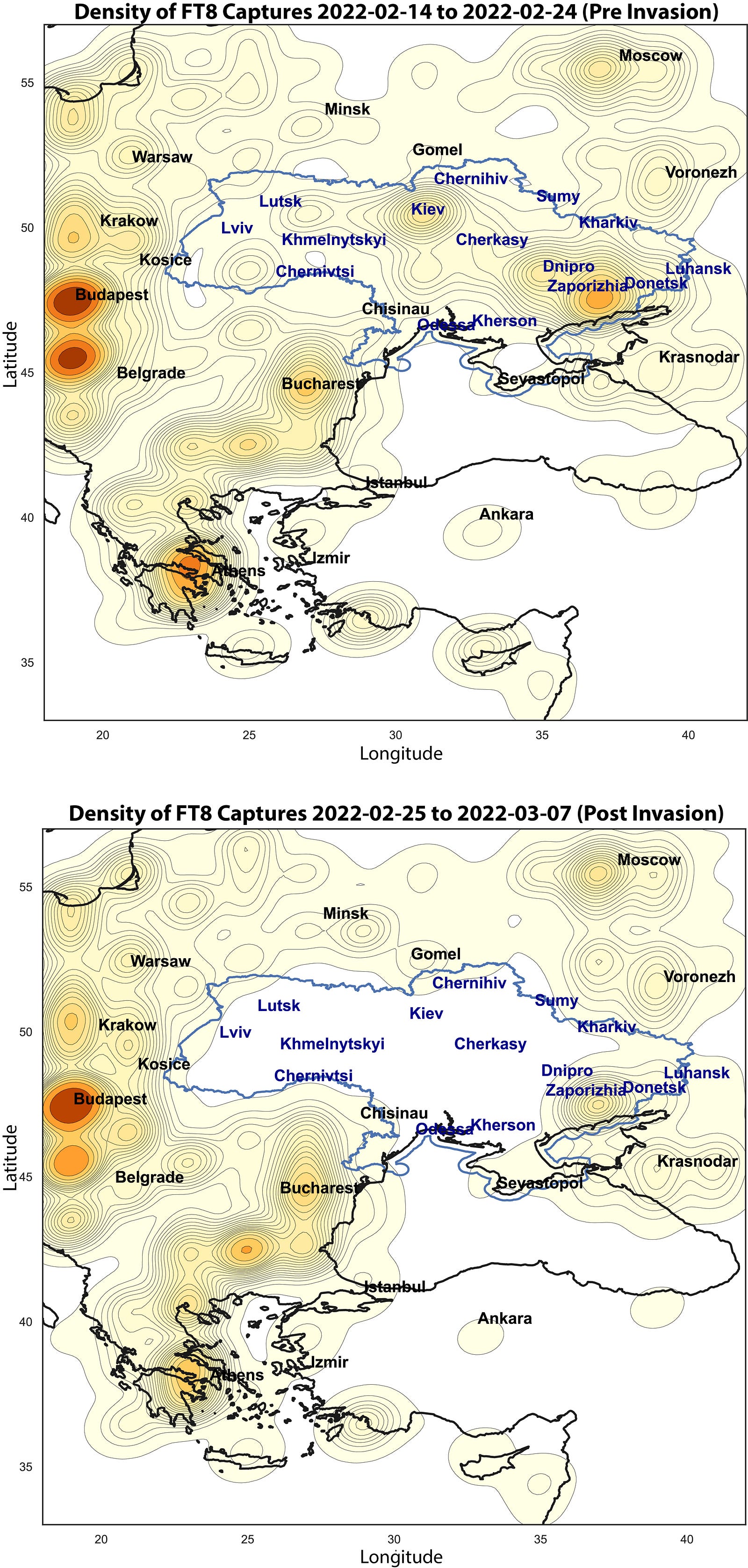 Density map of FT8 transmissions received by author before and after the start of the Russian Invasion of Ukraine. Ukrai